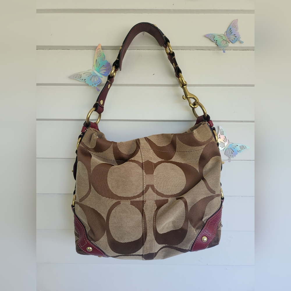 Coach Brown and Tan Signature Hobo with Burgundy Trim